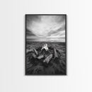 Coastal campfire glow, serene seaside bonfire, sunset flames, sandy warmth, Framed Canvas Print, Fall decor, cozy cabin wall art