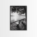 Peaceful Lake Bench, Tranquil Sunrise, Tree Shade View, Nature Serenity, Framed Canvas Print, Minimalist Art, Bedroom Wall Decor