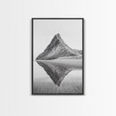 Mountain Mirror, Coastal Peak, Serene Beach, Canvas Print, Minimalist Landscape Art, Modern Living Room Wall Decor, Monochrome Nature Style