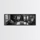 Rustic Cabin, Cozy Interior, Nature Retreat, Framed Canvas Print, Living Room Wall Art, Black and White Photography, Lodge Decor