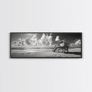 Lifeguard Tower Sky, Beach Scene Clouds, Surfside Minimalism, Framed Canvas Print, Bathroom Wall Art, Modern Coastal Decor