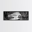 Sea Cave View, Coastal Rock Art, Monochrome Seascape, Framed Canvas Print, Bathroom Wall Art, Nature Photography, Moody Ocean Decor