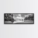 Misty Coastline, Dramatic Shore, Moody Ocean Scene, Framed Canvas Print, Coastal Living Room Art, Black and White Nature Decor
