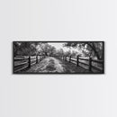 Tree Tunnel, Country Path, Fence Shadows, Framed Canvas Print, Black and White Nature Art, Rustic Wall Art, Autumn Entryway Decor