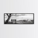 Quiet Lake Bench, Peaceful Reflection, Nature Photography, Framed Canvas Print, Serene Bedroom Decor, Minimalist Living Room Wall Art