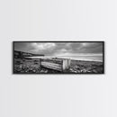 Rocky Beach, Driftwood Crate, Stormy Sky Seascape, Framed Canvas Print, Coastal Rustic Decor, Bathroom Wall Art, Monochrome Style