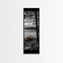 Autumn Campfire Scene, Cozy Outdoors, Fall Evening Glow, Lakeside Calm, Framed Canvas Print Cabin Decor, Living Room Autumn Wall Art