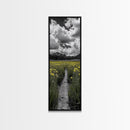 Yellow Field, Mountain Trail, Alpine Meadow, Bright Sky Framed Canvas Print, nature lover gift, landscape wall decor, cabin wall art