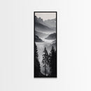 Foggy Mountains, Pine Forest, Valley Mist, Calm Landscape, Canvas Print, entryway wall art, cozy cabin vibes, grayscale art style
