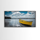 Yellow Rowboat, Calm Waters, Blue Sky, Sunny Lake – Framed Canvas Print, Summer Wall Art, Coastal Decor, Modern Nautical Style