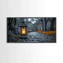 Lantern Glow, Forest Trail, Autumn Leaves, Soft Light, Framed Canvas Print, Fall Wall Art, Rustic Entryway Decor, Nature Photography Print