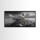 Yellow Lighthouse, Stone Jetty, Coastal Clouds, Nautical Scene, Framed Canvas Print, Coastal Wall Art, Office Decor, Lighthouse Photography