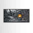 Lantern In Woods, Vintage Glow Light, Rustic Forest Scene, Canvas Print, Cabin Wall Art, Autumn Evening Mood, Minimalist Nature Decor