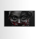 Fierce Eyes, Red Bandana, Bold Portrait, Afro Art, Framed Canvas Print, Bedroom Wall Art, Powerful Gaze, Monochrome With Red Accent