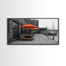Urban Pier, Red Yellow Umbrellas, Waterfront Dining, Framed Canvas Print, Industrial Decor, Cafe Kitchen Wall Art, Cityscape Photography