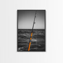 Fishing Pole, Ocean Rod, Angler Focus, Sea Horizon, Framed Canvas Print, Man Cave Wall Art, Sport Fishing Decor, Coastal Style Art