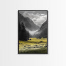 Yellow Meadow Valley, Foggy Mountain Scene, Serene Landscape Photography, Framed Canvas Print, Nature Lover Living Room Wall Art