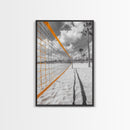 Volleyball Court, Sand and Net, Coastal Play, Framed Canvas Print, Sports Wall Art, Teen Room Decor, Summer Athletic Beach Vibes