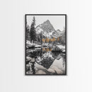 Snow Reflection Forest, Autumn Trees, Serene Mountain River, Framed Canvas Print, Bedroom Wall Art, Peaceful Cabin Scene, Fall Art