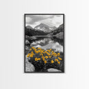 Yellow Wildflowers Lake, Alpine Meadow, Monochrome Landscape, Canvas Print, Kitchen Wall Art, Spring Nature Photography Decor