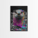 Colorful Otter, Vibrant Animal, Rainbow Fur, Framed Canvas Print, Kids Room Decor, Whimsical Wildlife Art, Playroom Wall Art, Bold Style