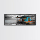 Rustic Shack, Ocean Pier, Stormy Skies, Tropical Retreat, Framed Canvas Print, Nautical Wall Art, Beach Cabin Decor, Lake House Style