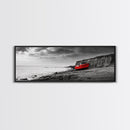 Red Boat, Rocky Shore, Dramatic Sky, Abandoned Vessel, Framed Canvas Print, Nautical Living Room Art, Moody Coastal Home Decor