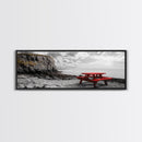 Red Picnic Table, Rocky Shore Cliffs, Bold Coastal View, Framed Canvas Print, Rustic Wall Art, Cabin Decor, Nature Lovers Gift