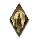 Retro Futuristic City Diamond Shaped Canvas Textured Print, Vintage Sci-Fi Architecture, Sepia Space Age Urban Wall Artwork