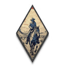 Outlaw Rider in Desert Diamond Shaped Canvas Embossed Print — Retro Western Cowboy Landscape Art Wild West Country Wall Decor