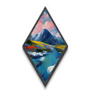 Alpine Meadow Flow – Diamond Shaped Mountain River Wildflowers Canvas Art Print, Spring Nature Wall Decor, Serene Landscape Scene