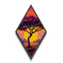 Retro Tree Horizon – Diamond Shaped Sunset Silhouette Canvas Embossed Print with Bold Colors and Stylized Nature Illustration