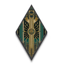 Emerald Axis Radiance – Diamond Shaped Canvas Embossed Print in gold green teal art deco, luxury retro wall accent with celestial symmetry