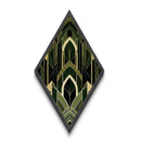Forest Cathedral Deco – Diamond Shaped Canvas Art Print in deep green and gold, gothic geometric elegance with ornate symmetrical style