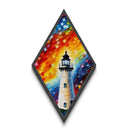 Vivid Beacon Blaze Diamond Shaped Canvas Textured Print, Colorful Lighthouse Coastal Wall Art, Nautical Sunset Abstract Decor