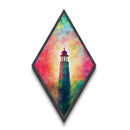 Prism Glow Lighthouse Diamond Shaped Canvas Embossed Print, Geometric Pastel Coastal Art, Modern Rainbow Nautical Scene