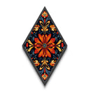 Crimson Bloom Folk Diamond Shaped Canvas Embossed Print featuring stylized red floral design dark background ethnic boho wall art vibrant palette