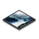 Tranquil Mountain View Diamond Shaped Canvas Textured Print with peaceful lake scene, forest landscape painting, rustic wall decor