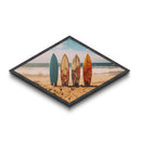 Vibrant Surf Quartet Diamond Shaped beach scene with surfboards wall decor Canvas Art Print coastal summer home accent gift idea