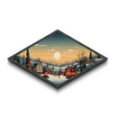 Moonlit Holiday Town Diamond Shaped Canvas Textured Print Christmas landscape art rustic winter cabin decor cozy festive wall gift