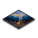 Campfire Cowboys – Diamond Shaped Canvas Art Print western rustic painting mountain landscape cowboy lodge living room Americana decor