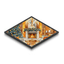 Festive Hearth – Diamond Shaped Canvas Textured Print cozy Christmas interior holiday fireplace art living room seasonal winter decor