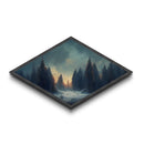 Snowy Forest Twilight Diamond Shaped Canvas Textured Print, Winter Pines Sunset Wall Art, Cozy Rustic Cabin Nature Scene Accent
