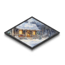Winter Cabin Cheer – Diamond Shaped Canvas Textured Print snowy log cabin Christmas rustic winter holiday home decor cozy forest scene