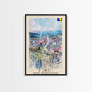 Doboj Bosnia and Herzegovina Countryside Framed Canvas Print, Watercolor Travel Poster, Bosnian Scenic Art, Cozy Home Decor, Rustic Wall Art, Living Room Decor