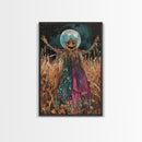 Spooky Scarecrow in Field Framed Canvas Print, Haunted Field Decor, Halloween Scarecrow Art, Eerie Harvest Wall Art, Creepy Scarecrow Print
