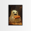 CHOMP! Cute Lil Ghost Eatin' a Dog, The Hot Dog Ghost, Haunted Hot Dog Thief, Framed Canvas Print, Halloween Art