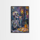 The Hungry Skeleton Chomps a Pizza, Funny Halloween Art, Framed Canvas, Halloween Poster