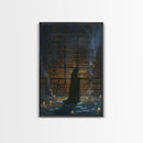 Hooded Figure in Library Halloween Art, Spooky Study, Haunted Library, Creepy Room, Gothic Reading, Framed Canvas Print