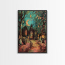 Gothic Churchyard with Moon and Lanterns Framed Canvas Print, Wall Art, Spooky Home Decor, Halloween Cemetery, Gothic Art, Haunted Graveyard